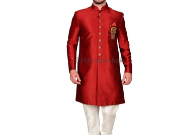 Abito da sposa Sherwani da uomo Bandhgala Jodhpuri in seta grezza Banarasi fatto a mano