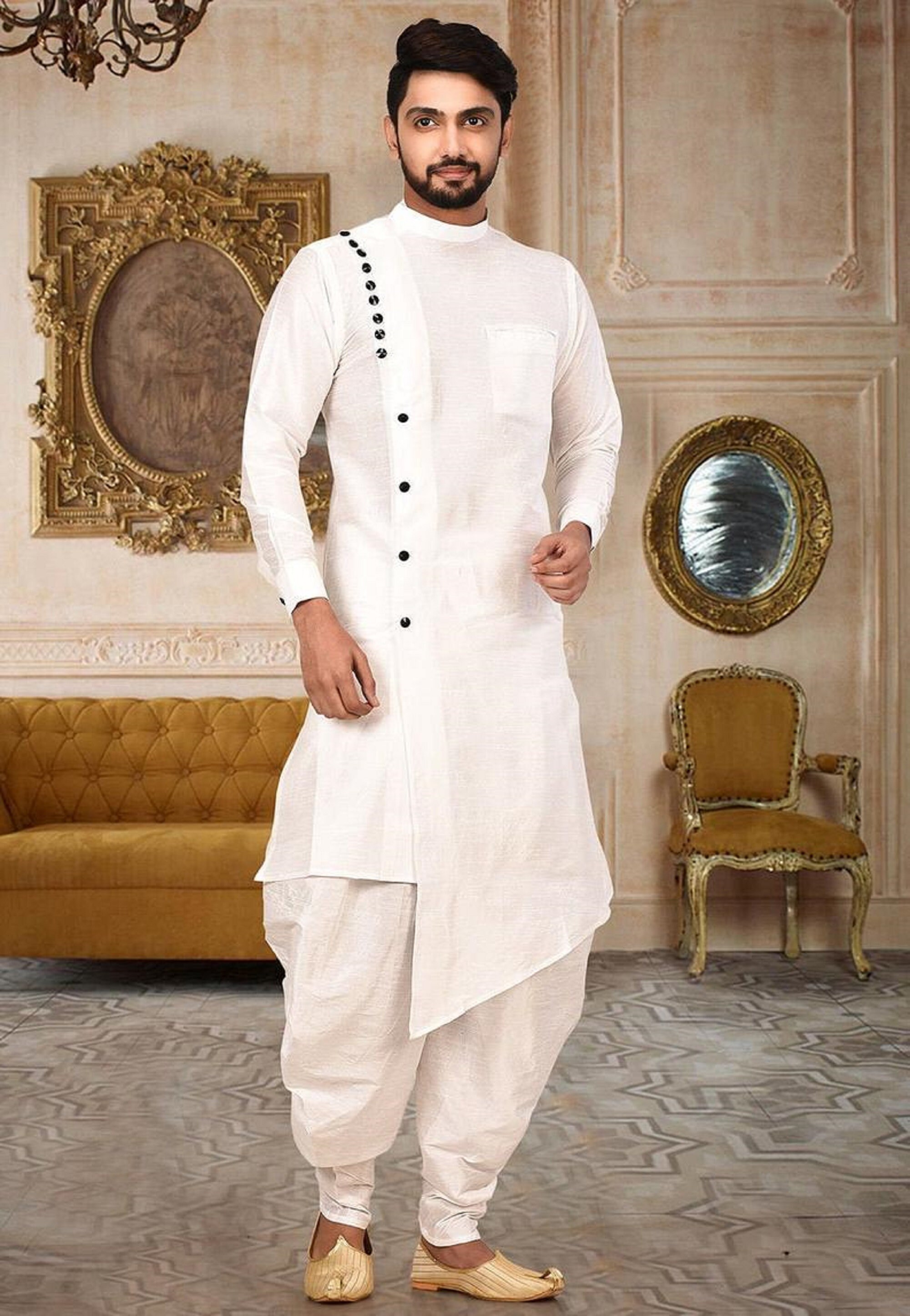 Royal Kurta Herren Jacquard Seiden Kurta Mit Dhoti – Blau, Banarasi-Stickerei, Größen M–XXL
