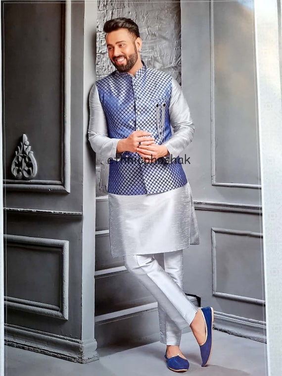 Clothing Mens Clothing Suits & Sport Coats Indian Ethnic Kurta Pajama Set with Chikankari Nehru Jacket Men Diwali Kurta Pajama Set with Chikankari Modi Jacket Men 