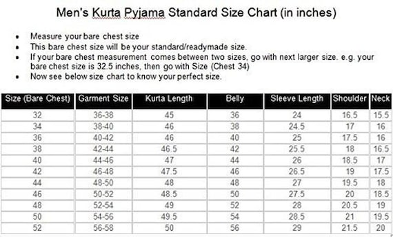 Kurta Pajama Measurement Chart