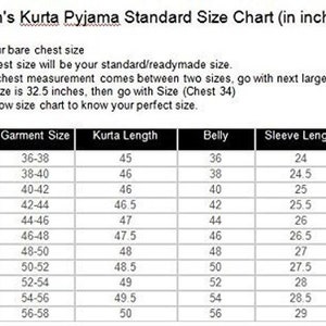 May include: A size chart for men's kurta pajama clothing, showing measurements in inches for chest, garment size, kurta length, belly, sleeve length, shoulder, and neck.