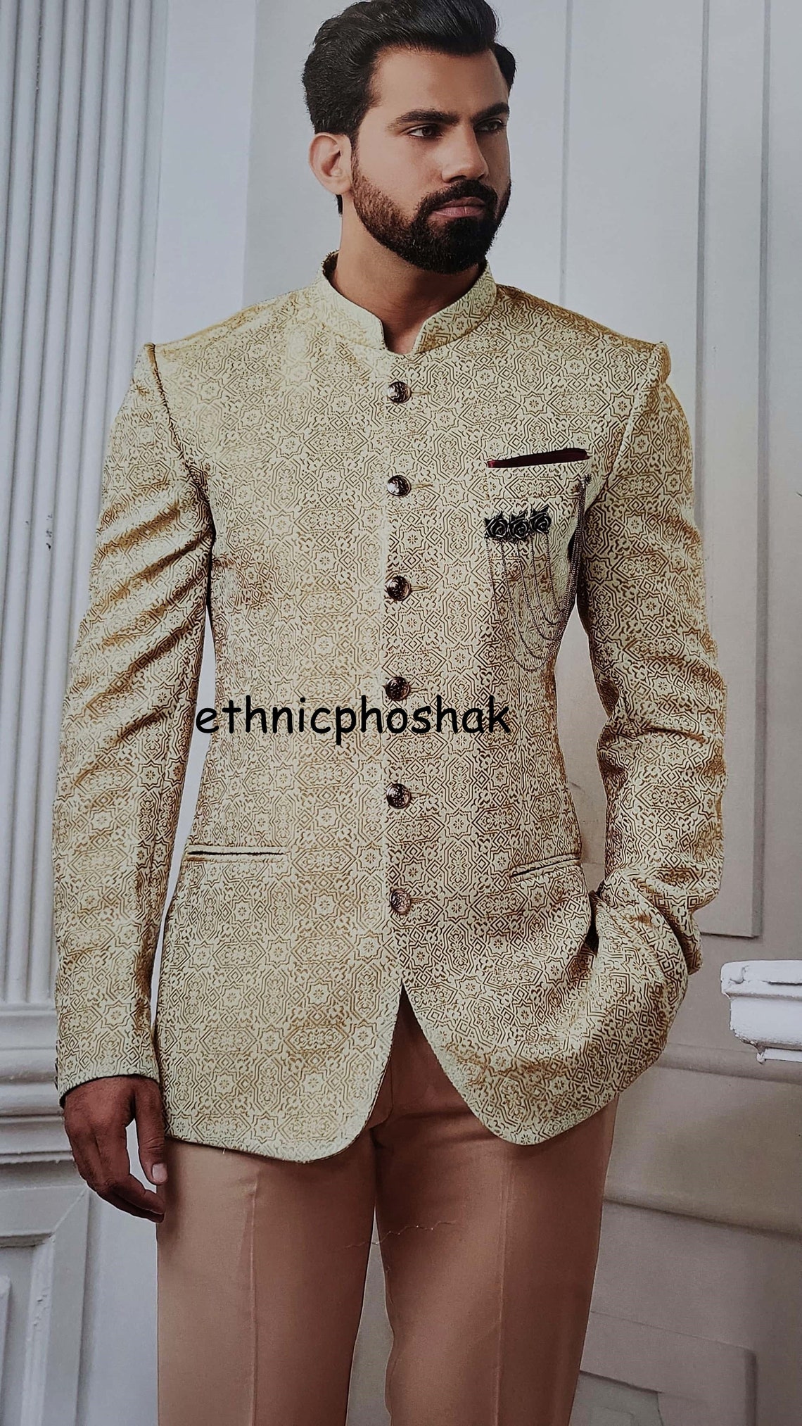 Indo Western Mens Jodhpuri Suit Wedding Designer Printed Gold - Etsy