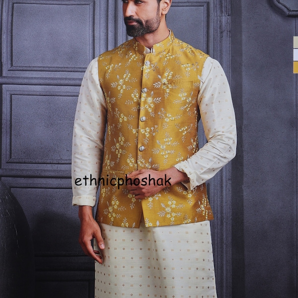 Indian Kurta Pajama With Modi Jacket, Nehru jacket with kurta pajama,Wedding Dress For men,Kurta pyjama with jacket,indian waist coat,vest