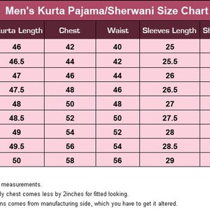 Pu&ograve; includere: Una tabella di taglie per abbigliamento kurta pajama e sherwani da uomo. La tabella mostra le misure in pollici per taglia, lunghezza kurta, petto, vita, lunghezza maniche, spalla e collo.
