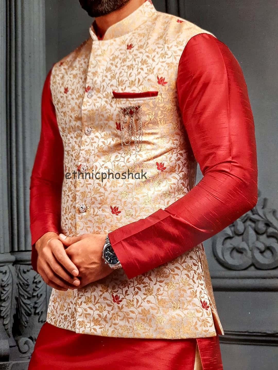 Nehru Jacket,Sherwani Clothing Mens Clothing Shirts & Tees Indian Designer Wedding Wear Men Kurta Pajama With Modi Jacket/ Nehru Jacket For Men Set of 3 Ethnic Phoshak for Men 
