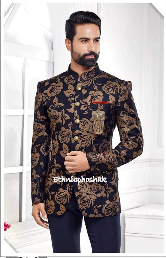 Indo Western Mens Jodhpuri Suit Wedding Designer Printed Sherwani Partywear Traditional Ethnic Kurta Jacket Blazer With Paint Style
