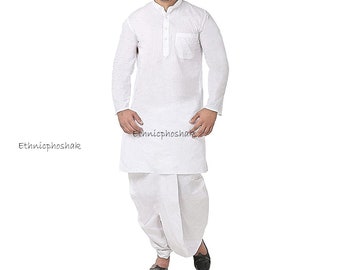 Herren Baumwolle weiß Dhoti Kurta, Pooja Kleid, Yoga Kleid für Männer, Jungen Ethnic Wear Kleid, für Übergrößen maßgeschneidert, Herren Kurta Dhoti