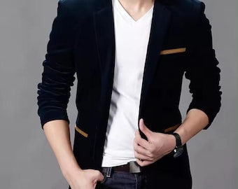 Blazer in velluto svedese blu, abito da sposo su misura per uomo.