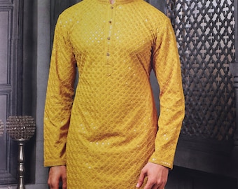 pyjama kurta jaune pour homme, kurta lakhnavi chikankari, sherwani pour homme, kurta pour homme pour tenue de mariage, kurta du marié, pendjabi avec dupatta.