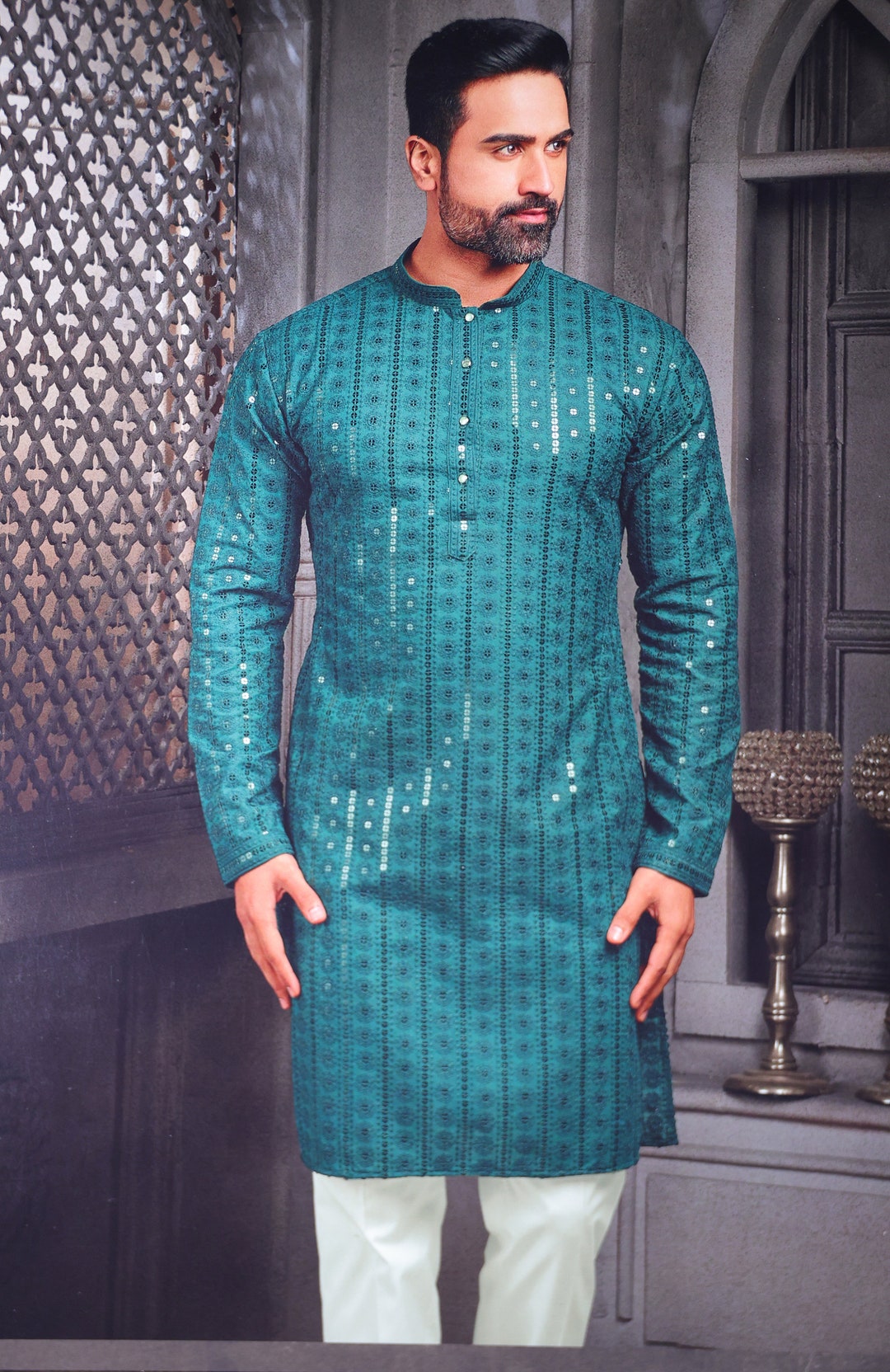 Traditional Chikankari Mens Kurta Sequence Work Men's Kurta Pajama Set