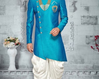 Sky Blue Achkan Style Indo Western Suit Men's Wedding Wear