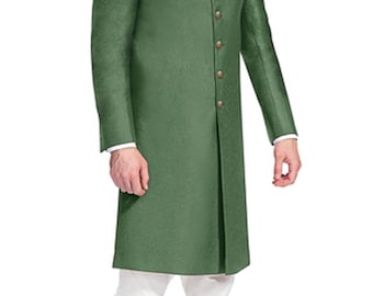 May include: A long-sleeved green kurta with a mandarin collar and button closure. The kurta is made of a smooth fabric and has a subtle sheen. The model is wearing white pants and brown shoes.