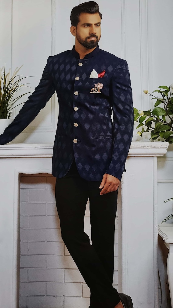 One-piece Floral Print Jodhpuri Suit in Navy Black | The HUB