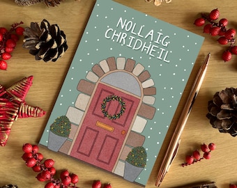 Nollaig Chridheil Scottish Gaelic A6 Green Festive Front Door Christmas Card, Scottish Christmas Card, Recycled Card, SH Designs