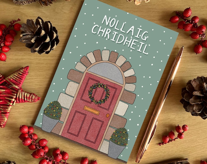 Nollaig Chridheil Scottish Gaelic A6 Green Festive Front Door Christmas Card, Scottish Christmas Card, Recycled Card, SH Designs