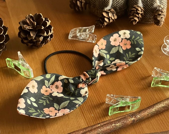 Dark Floral Patterned Hair Tie, Bow Hair Accessories, Cute Hair Band, Hair Bobble, Bow Style Bobble, Made in the UK, SH Designs