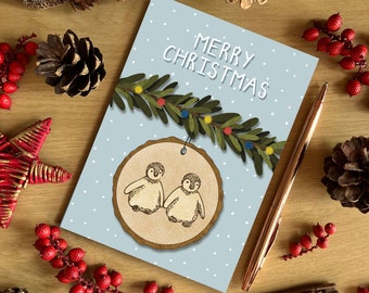A6 Blue Christmas Penguin Log Decoration Card, Merry Christmas Card, Cute Christmas, Recycled Card, SH Designs