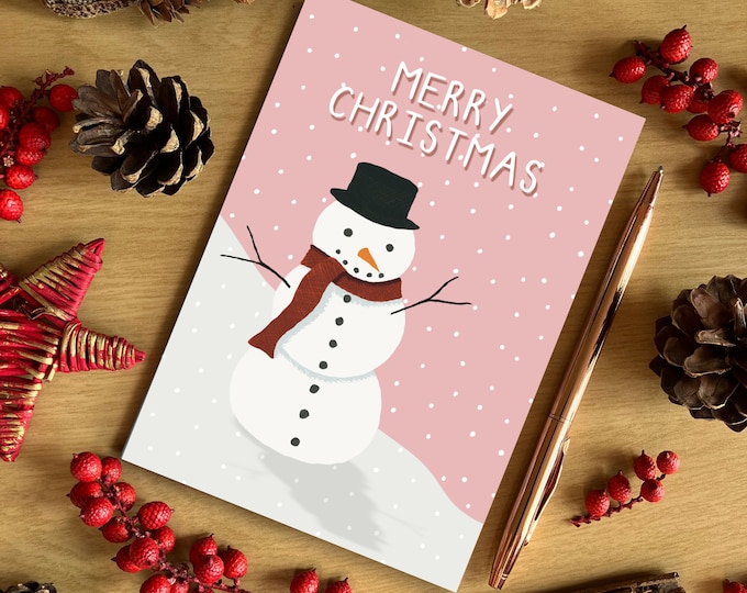 A6 Pink Christmas Snowman Christmas Card, Merry Christmas Card, Cute Christmas Illustration Card, Recycled Card, SH Designs