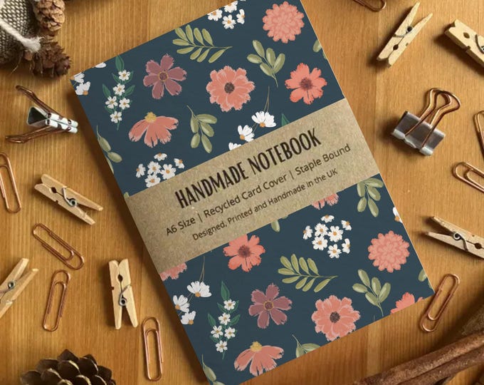 Blue and Orange Floral Patterned A6 Sized Blank Page Handmade Notebook, Stationery, Blank Pocket Small Journal, Made in the UK, SH Designs