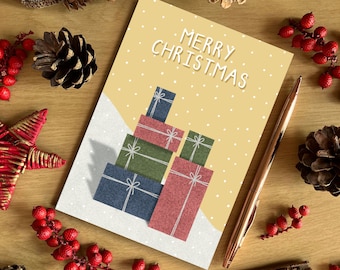A6 Yellow Christmas Presents Christmas Card, Merry Christmas Card, Cute Penguin Card, Recycled Card, SH Designs