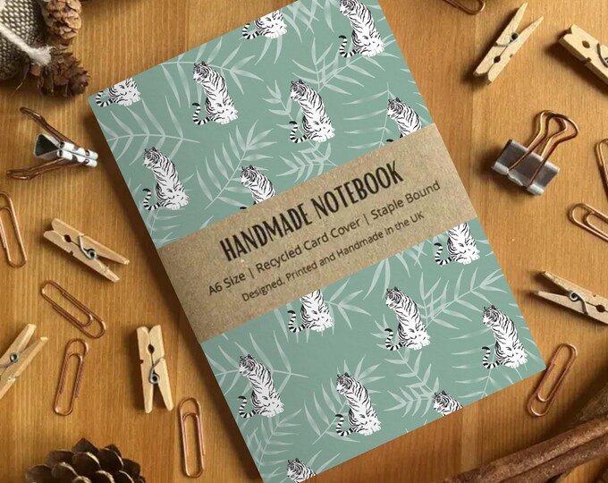 Green Tiger Pattern A6 Size Handmade Blank Page Notebook, Cute Pocket Journal, Small Writing Journal Notepad, Colourful Notebook, SH Designs