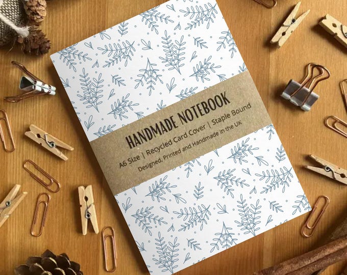 Blue Leaf Pattern A6 Size Handmade Blank Notebook, Blue Pocket Journal, Cute Stationery Gift, Plain Pocket Book, Made in the UK, SH Designs