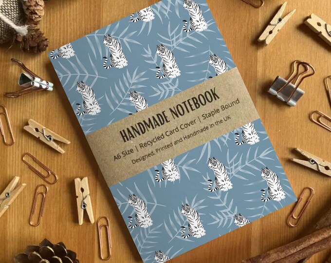 Blue Tiger Pattern A6 Size Handmade Blank Page Notebook, Cute Pocket Journal, Small Writing Journal Notepad, Colourful Notebook, SH Designs