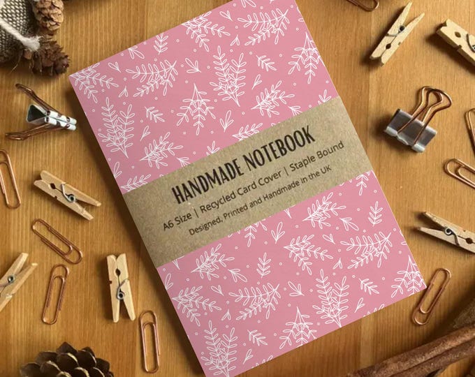 Pink Leaf Pattern A6 Sized Handmade Blank Page Notebook, Cute Pocket Journal, Small Writing Journal Notepad, Colourful Notebook, SH Designs