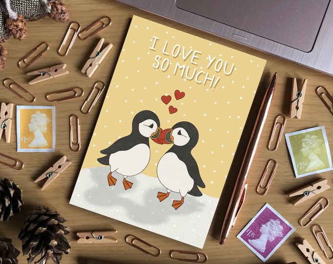 I Love You So Much Yellow Scottish Puffin A6 Greeting Card