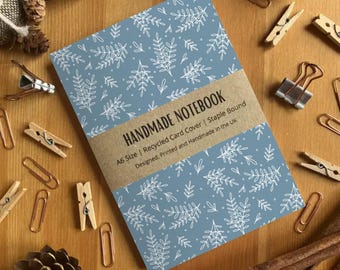 Blue Leaf Pattern A6 Size Handmade Blank Notebook, Blue Pocket Journal, Cute Stationery Gift, Plain Pocket Book, Made in the UK, SH Designs