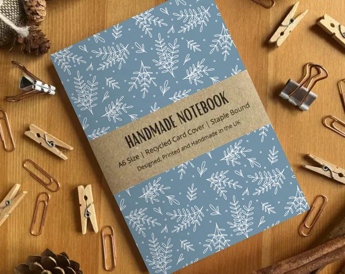 Blue Leaf Pattern A6 Size Handmade Blank Notebook, Blue Pocket Journal, Cute Stationery Gift, Plain Pocket Book, Made in the UK, SH Designs