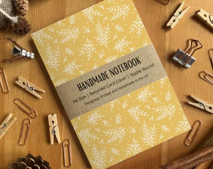 Yellow Leaf Pattern A6 Size Handmade Notebook, Small Blank Paged Journal, Made in the UK, Pocket Journal, Daily Planner Notepad, SH Designs