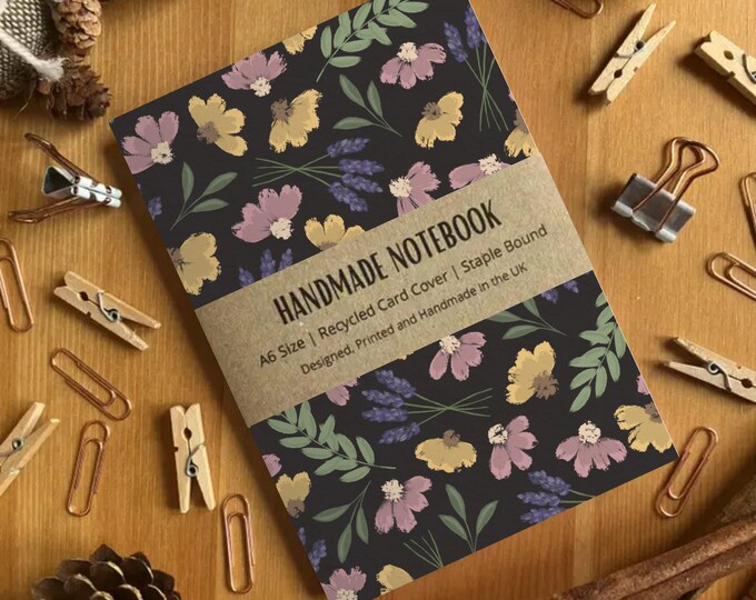 Yellow and Purple Floral Patterned A6 Size Blank Page Handmade Notebook, Stationery, Blank Pocket Small Journal, Made in the UK, SH Designs