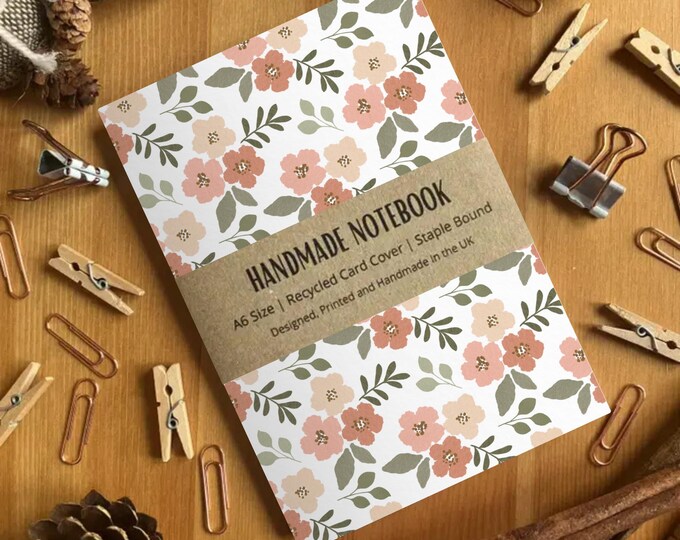 White Floral Patterned A6 Size Blank Page Handmade Notebook, Cute Floral Stationery, Blank Pocket Small Journal, Made in the UK, SH Designs