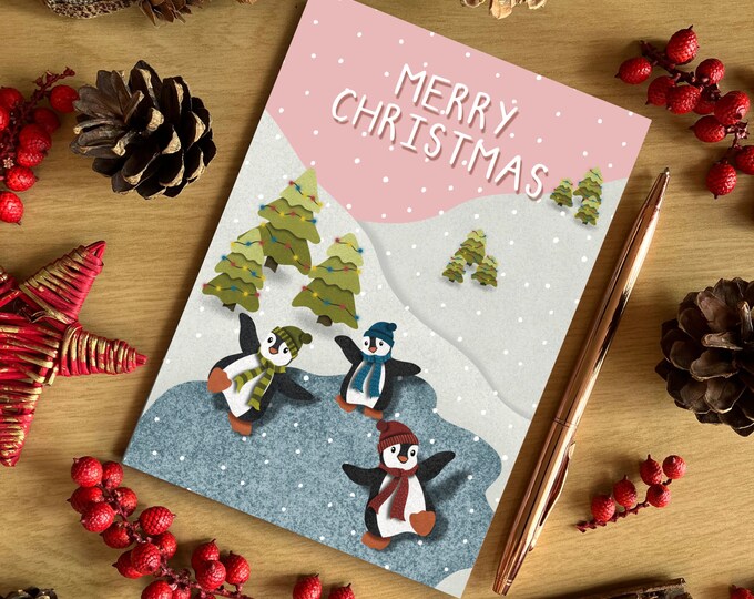 A6 Pink Festive Skating Penguins Christmas Card, Merry Christmas Card, Cute Penguin Christmas Card, Recycled Card, SH Designs
