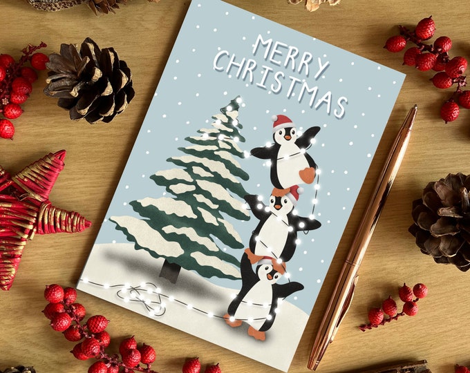 A6 Blue Christmas Penguin Tree Christmas Card, Merry Christmas Card, Penguin Illustration Christmas Card, Recycled Card, SH Designs