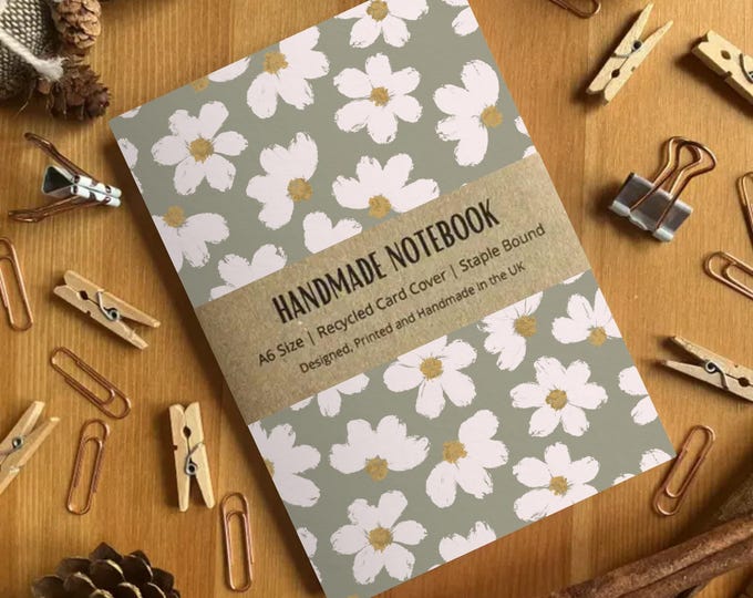 Green Daisy Patterned A6 Size Notebook, Blank Pages, Premium Quality, Recycled Card Cover, Handmade Notebook, Made in the UK, SH Designs
