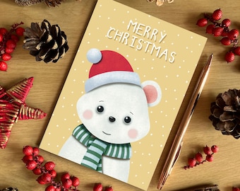A6 Yellow Christmas Polar Bear Christmas Card, Merry Christmas Card, Cute Illustration Card, Recycled Card, SH Designs