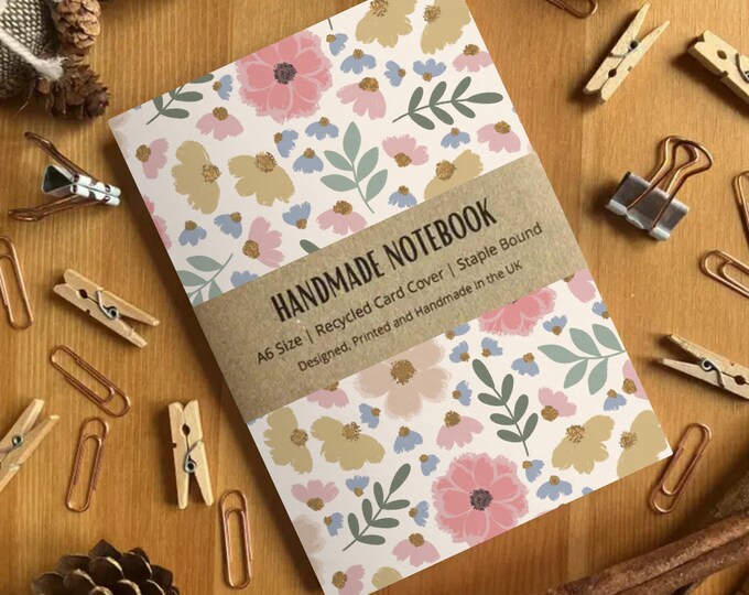 Summer Floral Patterned A6 Size Notebook, Blank Pages, Premium Quality, Recycled Card Cover, Handmade Notebook, Made in the UK, SH Designs