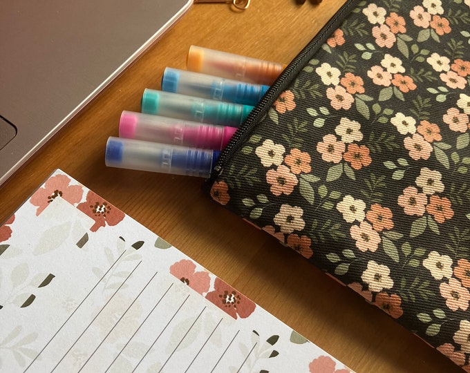 Dark Floral Patterned Handmade Zipped Pouch