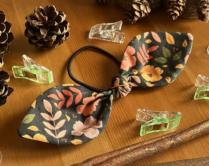 Dark Autumn Floral Patterned Hair Tie, Bow Hair Accessories, Cute Hair Band, Hair Bobble, Bow Style Bobble, Made in the UK, SH Designs