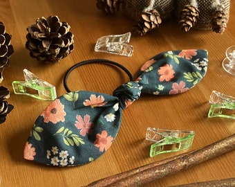 Blue and Orange Floral Patterned Hair Tie, Bow Hair Accessories, Cute Hair Band, Hair Bobble, Bow Style Bobble, Made in the UK, SH Designs