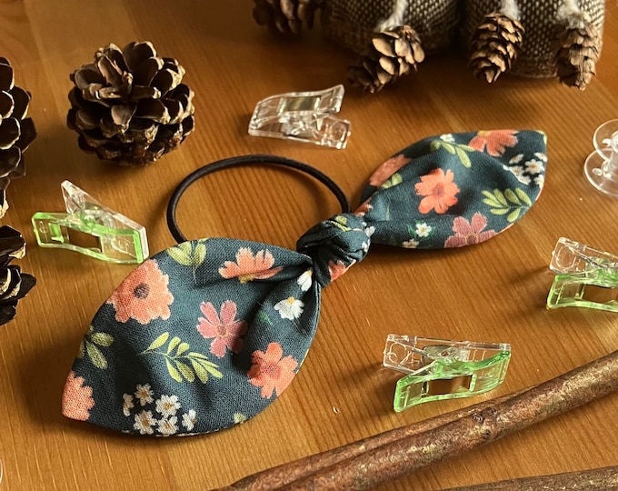 Blue and Orange Floral Patterned Hair Tie, Bow Hair Accessories, Cute Hair Band, Hair Bobble, Bow Style Bobble, Made in the UK, SH Designs