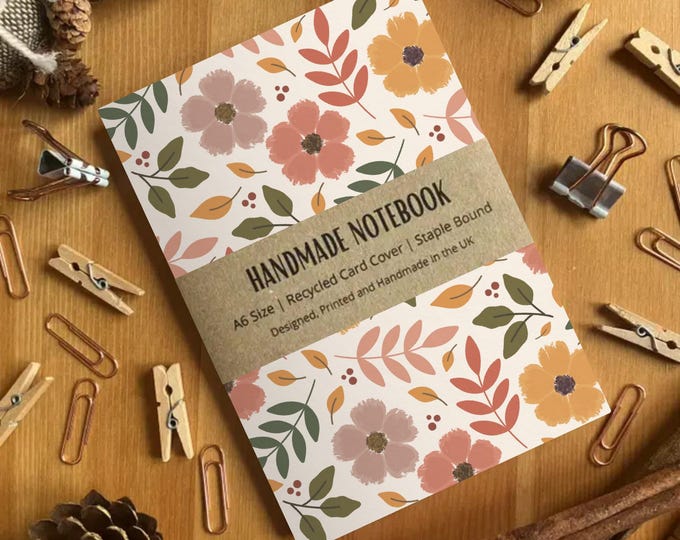 Autumn Floral Patterned A6 Size Notebook, Blank Pages, Premium Quality, Recycled Card Cover, Handmade Notebook, Made in the UK, SH Designs