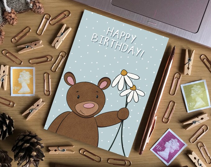 Happy Birthday Cute Daisy Bear A6 Size Blue Card