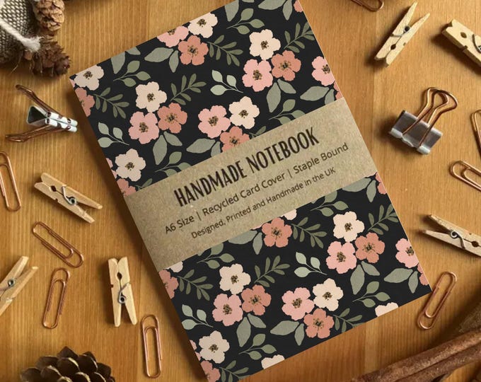 Black Floral Patterned A6 Size Notebook, Blank Pages, Premium Quality, Recycled Card Cover, Handmade Notebook, Made in the UK, SH Designs