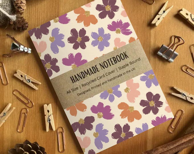 Bright Floral Patterned A6 Size Notebook, Blank Pages, Premium Quality, Recycled Card Cover, Handmade Notebook, Made in the UK, SH Designs
