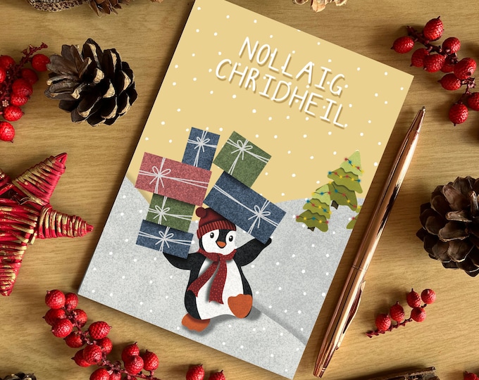 Nollaig Chridheil Scottish Gaelic A6 Yellow Christmas Penguin Presents Christmas Card, Scottish Card, Recycled Card, SH Designs