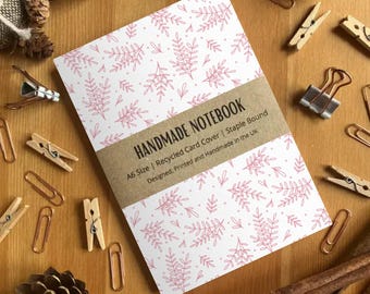 Pink Leaf Pattern A6 Sized Handmade Blank Page Notebook, Cute Pocket Journal, Small Writing Journal Notepad, Colourful Notebook, SH Designs