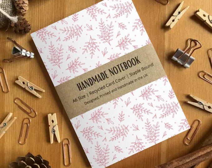 Pink Leaf Pattern A6 Sized Handmade Blank Page Notebook, Cute Pocket Journal, Small Writing Journal Notepad, Colourful Notebook, SH Designs